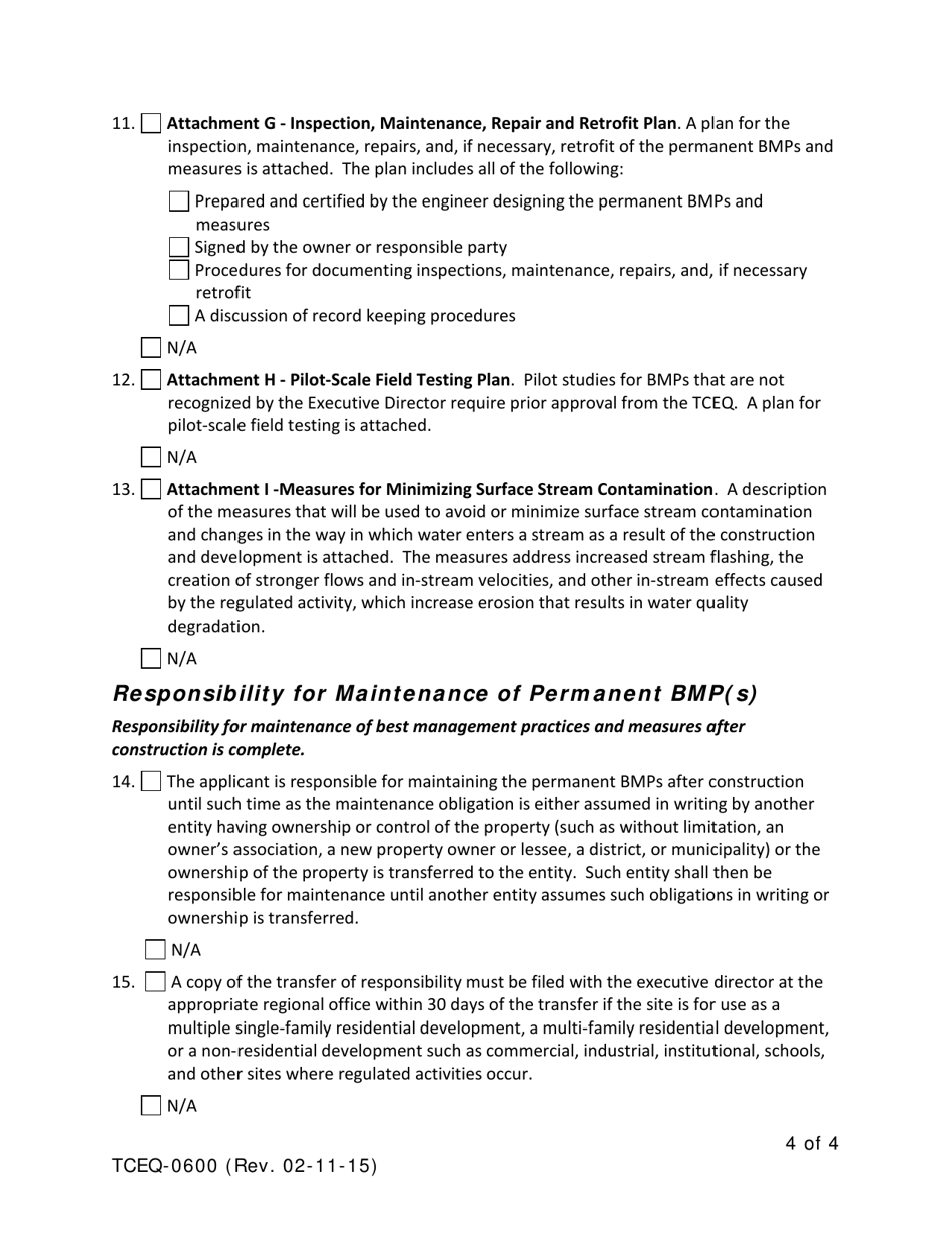 Form TCEQ-0600 Permanent Stormwater Section for Regulated Activities on the Edwards Aquifer Recharge Zone - Texas, Page 4