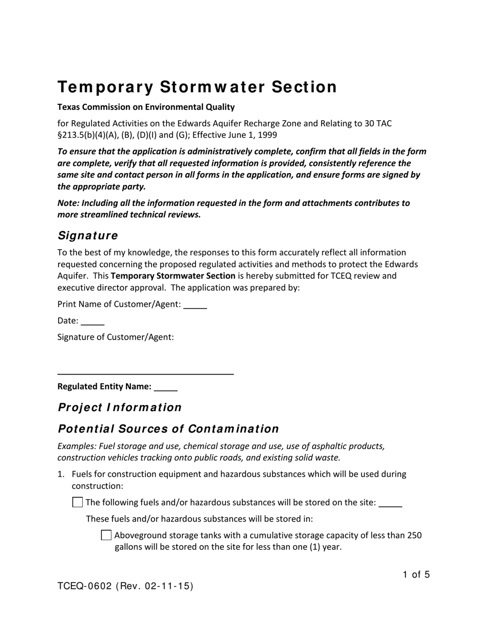 Form TCEQ-0602 Temporary Stormwater Section for Regulated Activities on the Edwards Aquifer Recharge Zone - Texas, Page 1