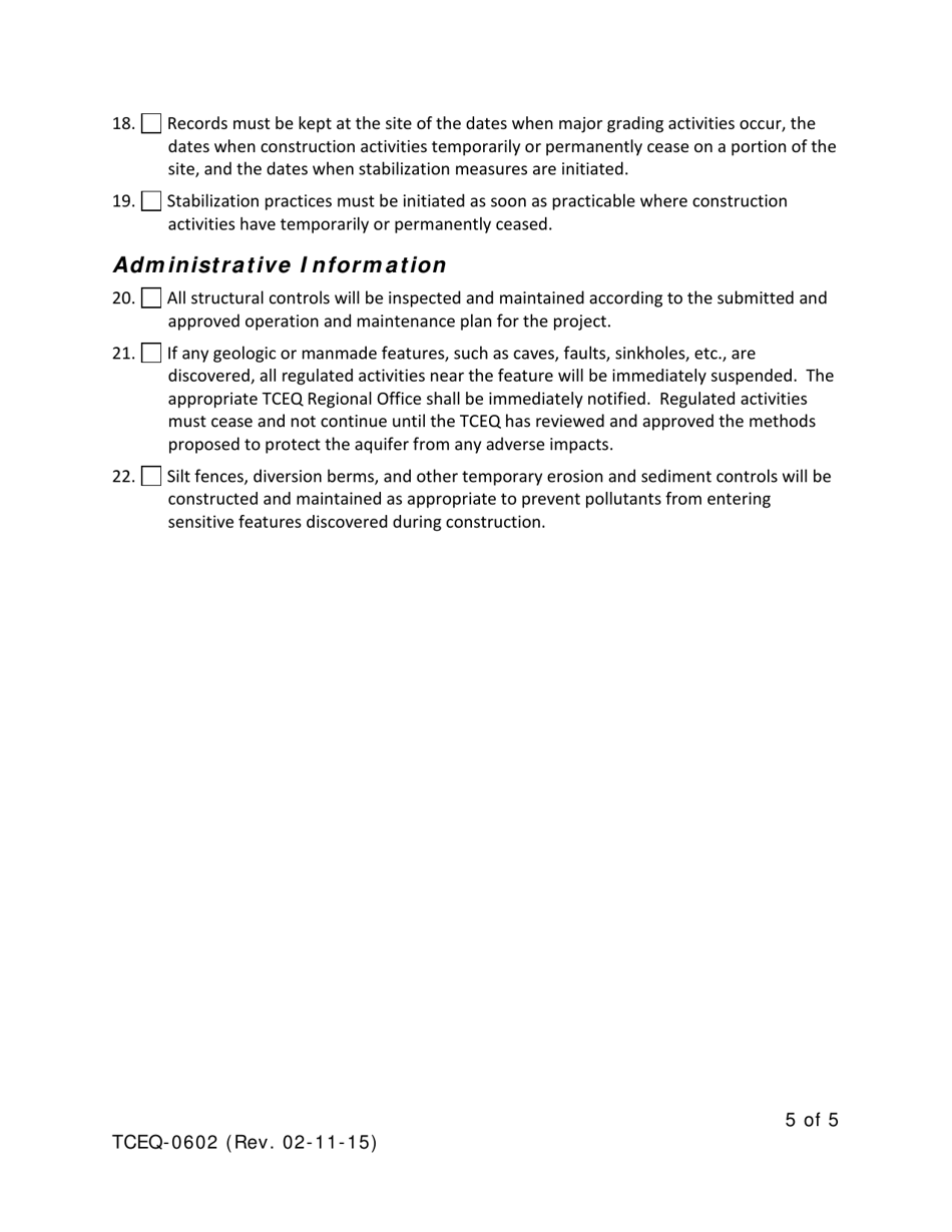 Form TCEQ-0602 Temporary Stormwater Section for Regulated Activities on the Edwards Aquifer Recharge Zone - Texas, Page 5