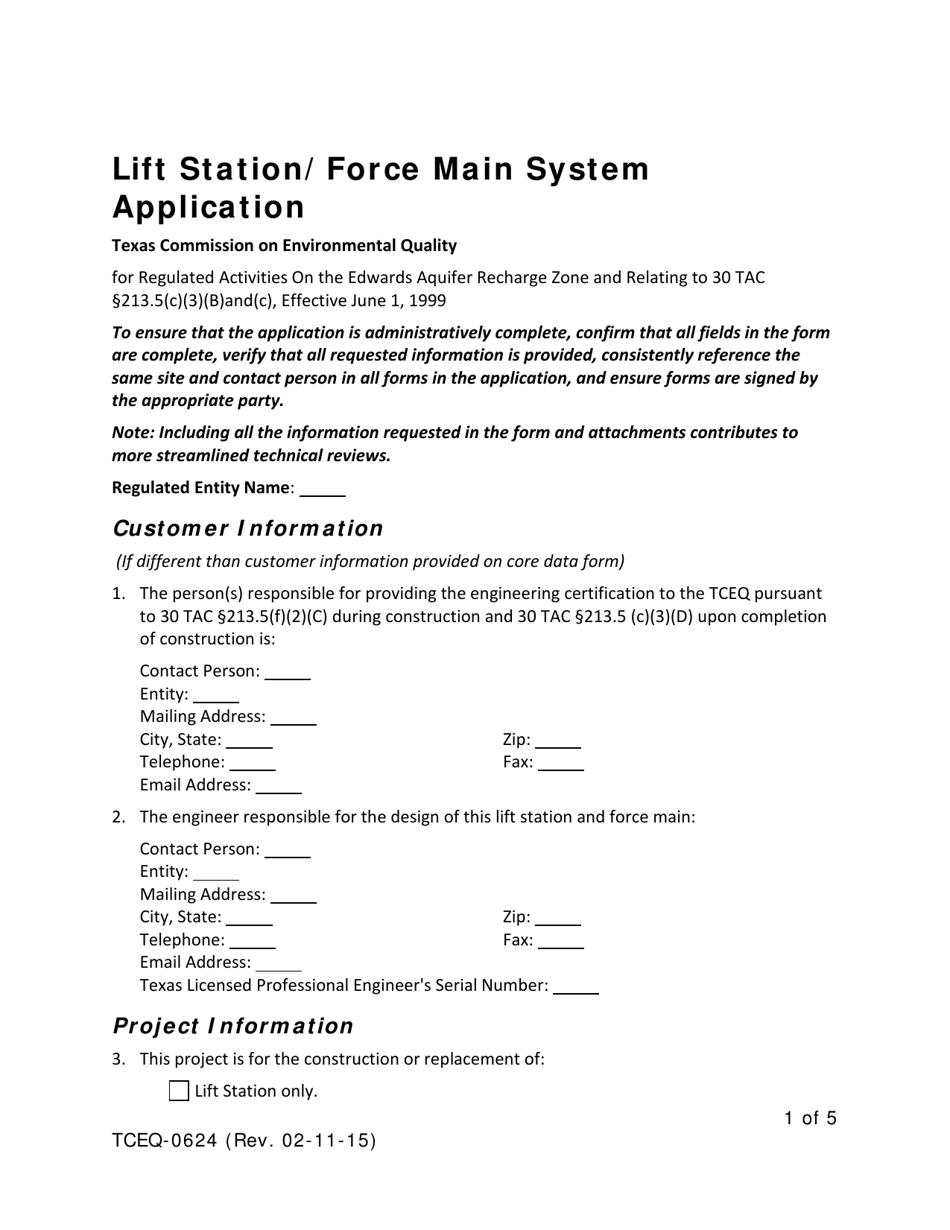 Form TCEQ-0624 Lift Station / Force Main System Application - Texas, Page 1