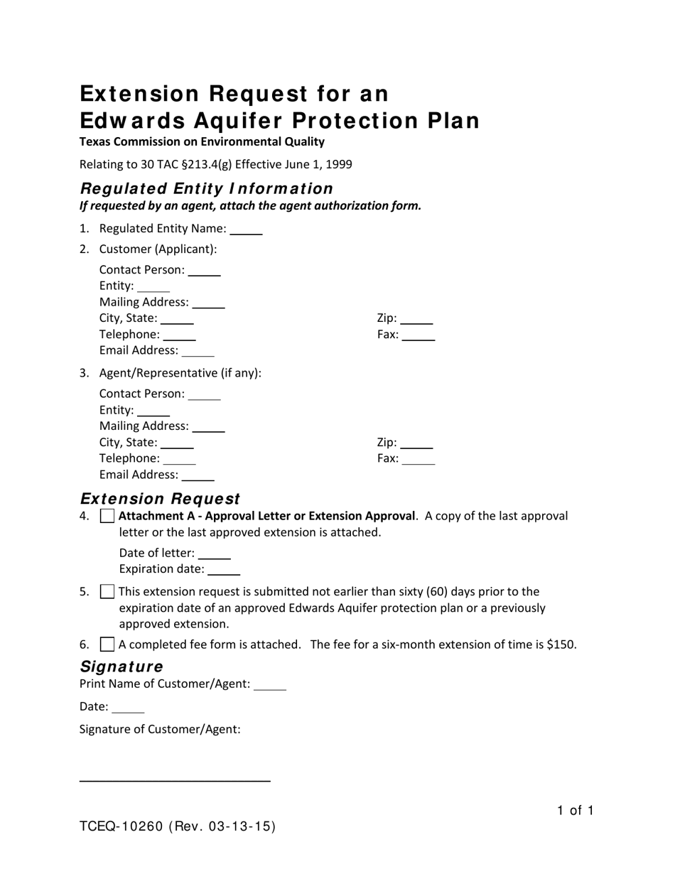 Form TCEQ-10260 Extension Request for an Edwards Aquifer Protection Plan - Texas, Page 1