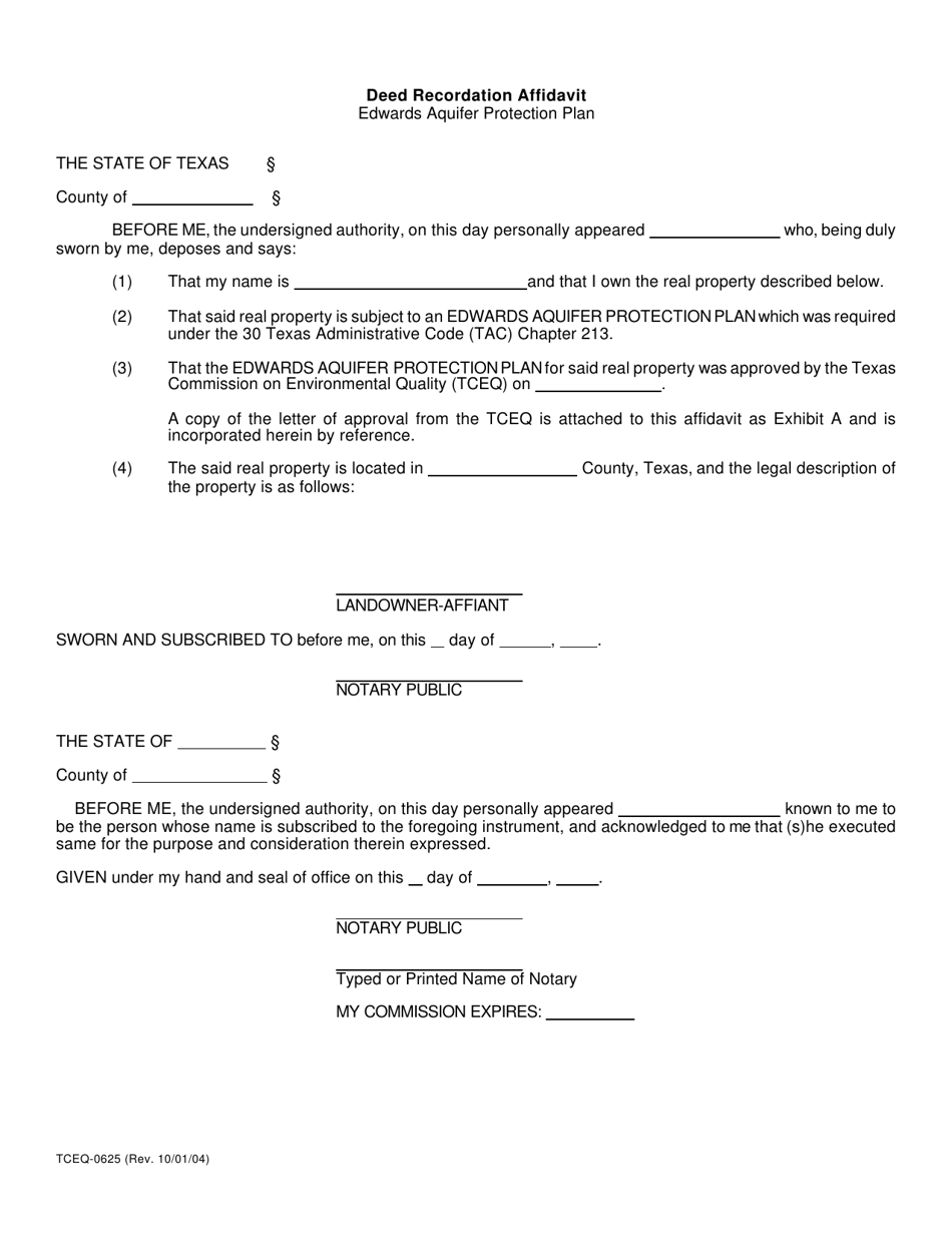 Form TCEQ-0625 Deed Recordation Affidavit - Edwards Aquifer Protection Plan - Texas, Page 1