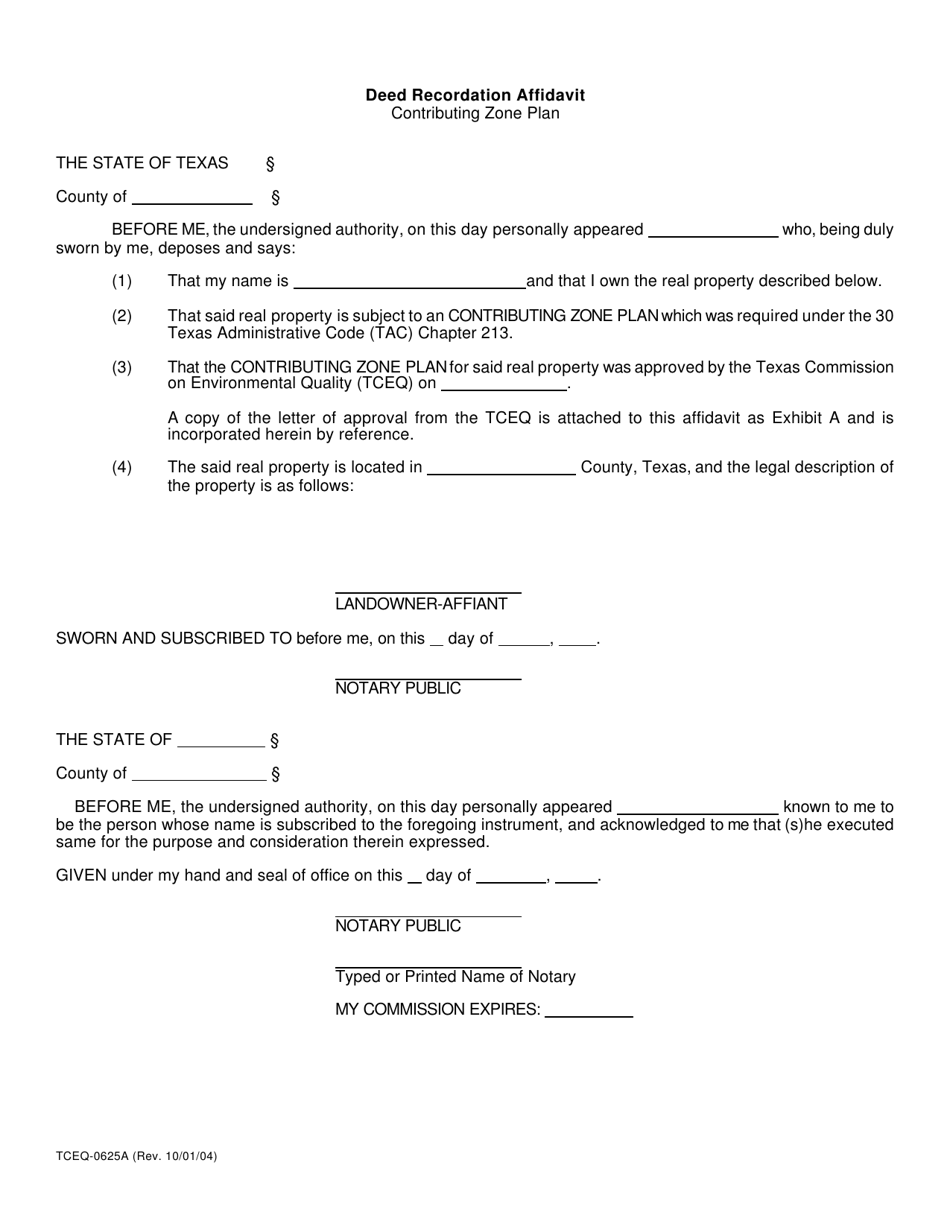 Form TCEQ-0625A Deed Recordation Affidavit - Contributing Zone Plan - Texas, Page 1