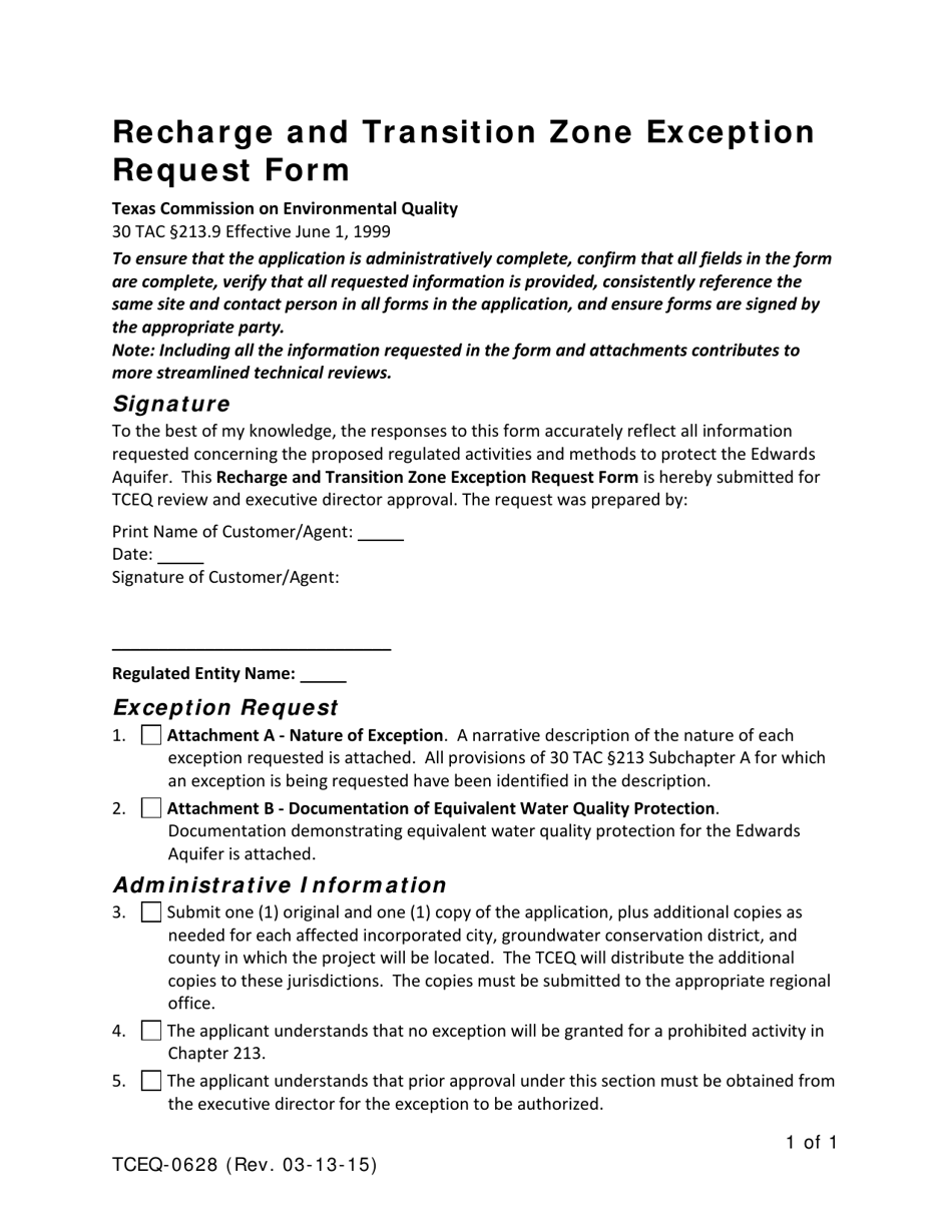 Form TCEQ-0628 Recharge and Transition Zone Exception Request Form - Texas, Page 1