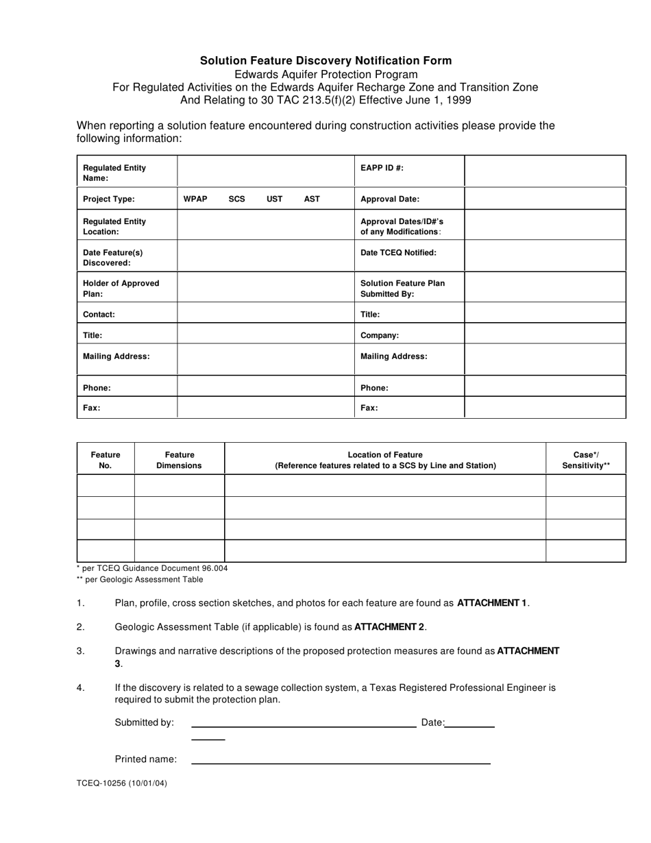 Form TCEQ-10256 Solution Feature Discovery Notification Form for Regulated Activities on the Edwards Aquifer Recharge Zone and Transition Zone - Texas, Page 1
