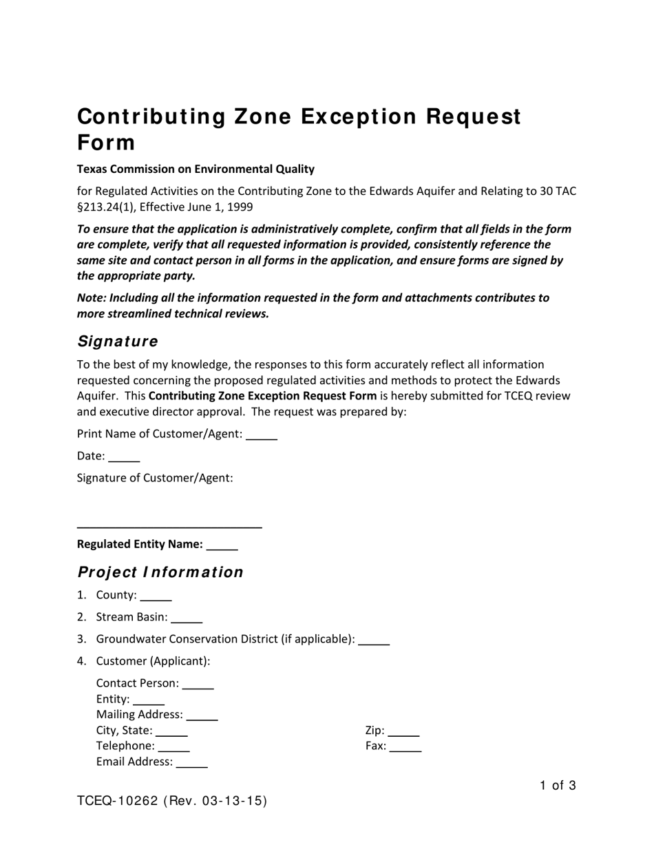 Form TCEQ-10262 Contributing Zone Exception Request Form - Texas, Page 1