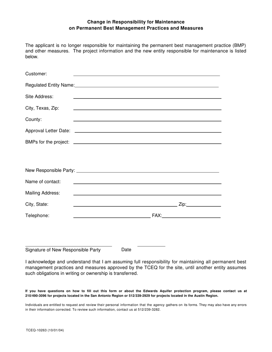 Form TCEQ-10263 Change in Responsibility for Maintenance on Permanent Best Management Practices and Measures - Texas, Page 1