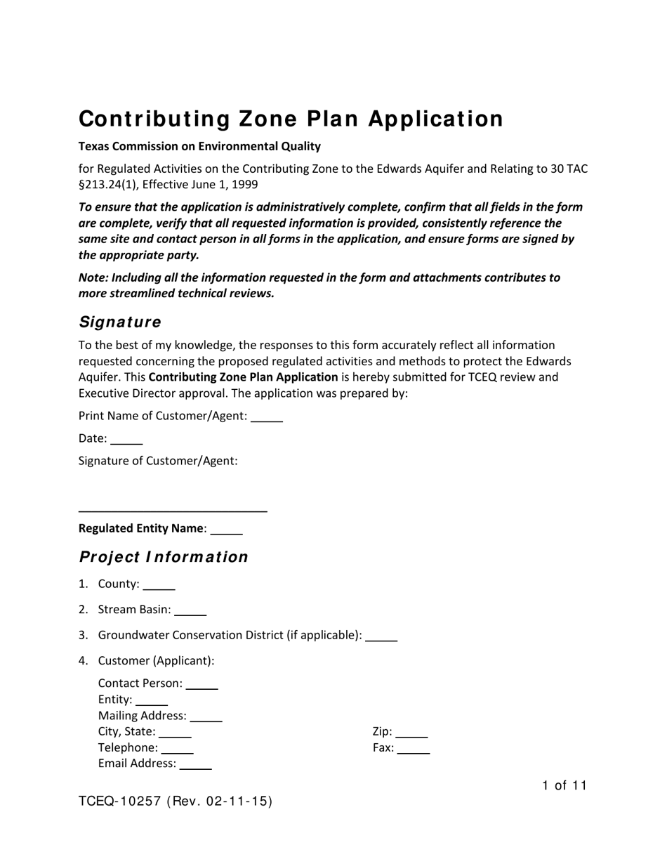 Form TCEQ-10257 Contributing Zone Plan Application - Texas, Page 1