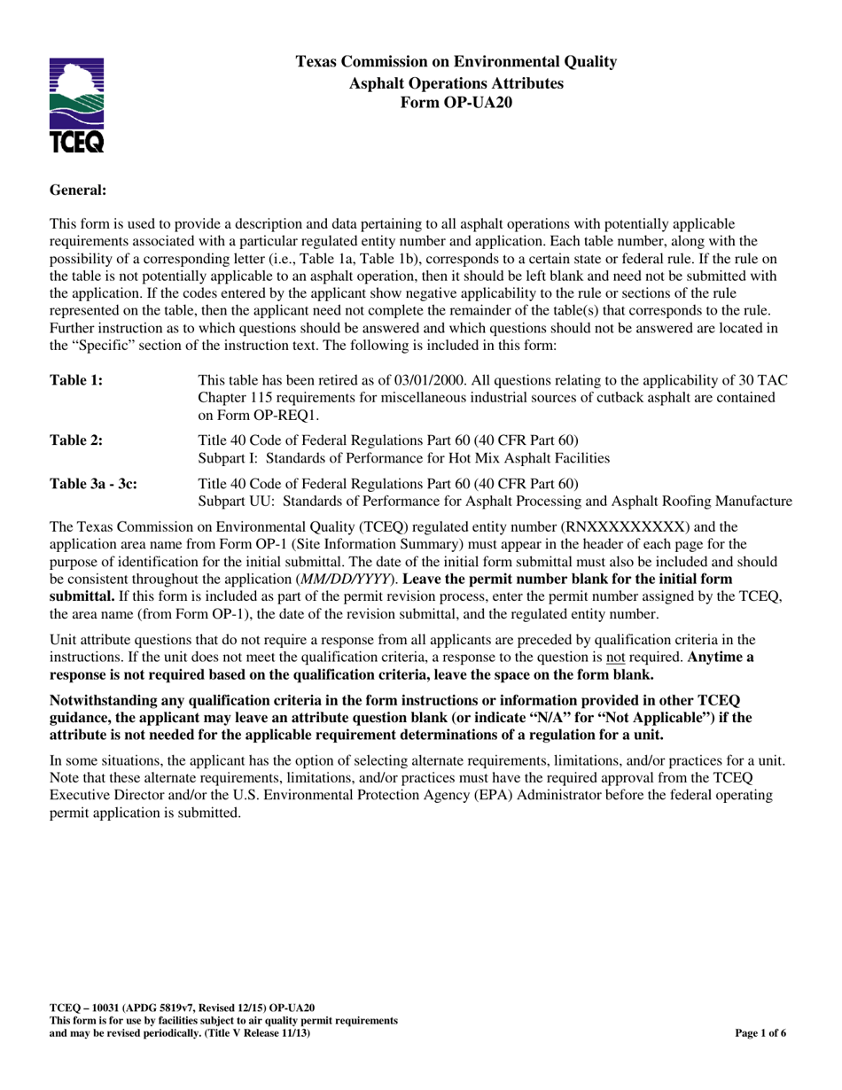 Form OP-UA20 (TCEQ-10031) Asphalt Operations Attributes - Texas, Page 1