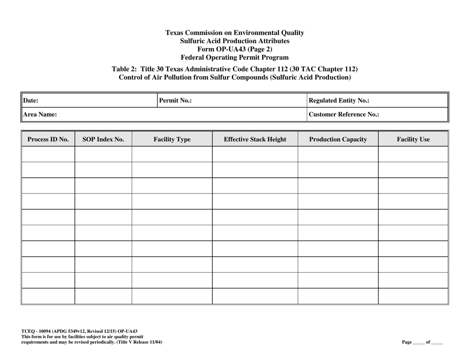 Form TCEQ-10094 (OP-UA43) Sulfuric Acid Production Attributes - Texas, Page 5