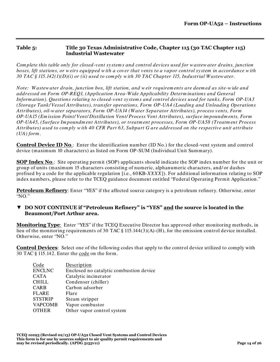 Form TCEQ-10293 (OP-UA52) Closed Vent Systems and Control Devices - Texas, Page 14