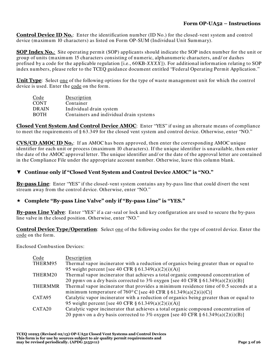 Form TCEQ-10293 (OP-UA52) Closed Vent Systems and Control Devices - Texas, Page 3