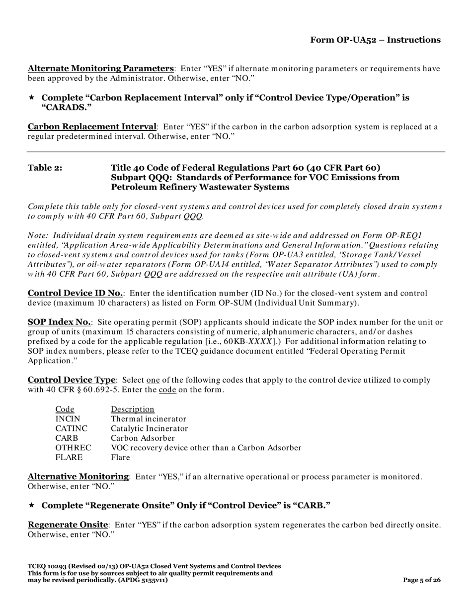 Form TCEQ-10293 (OP-UA52) Closed Vent Systems and Control Devices - Texas, Page 5