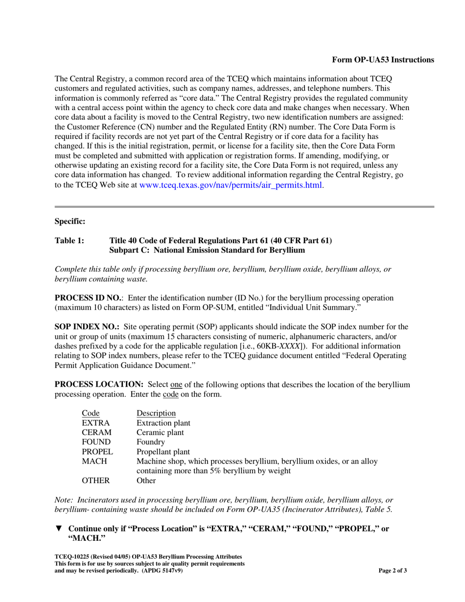Form TCEQ-10225 (OP-UA53) Beryllium Processing Attributes - Texas, Page 2