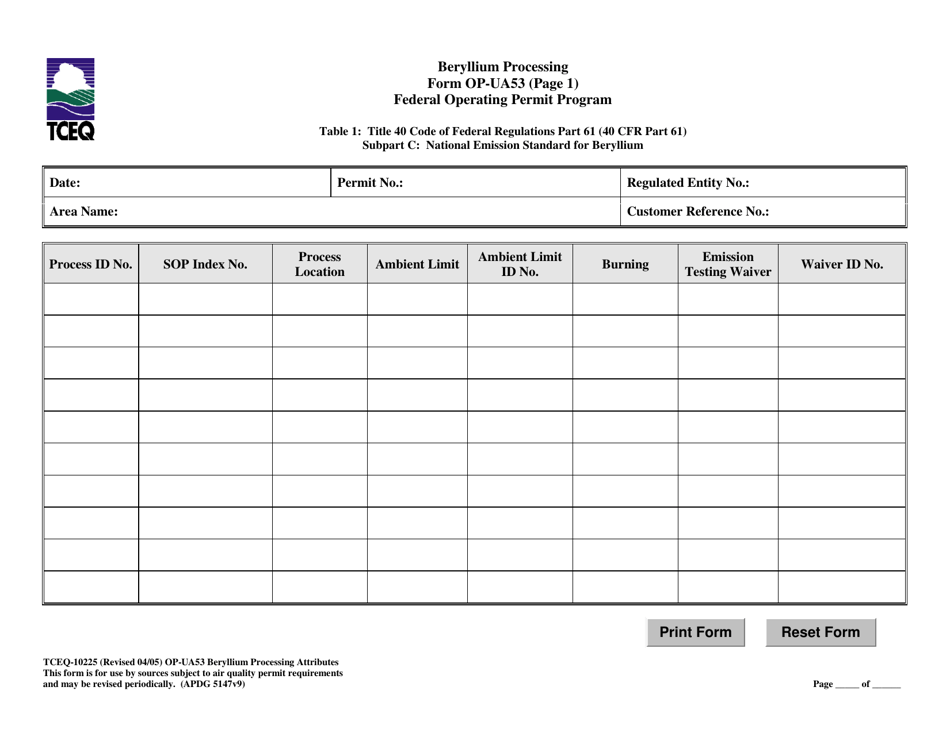 Form TCEQ-10225 (OP-UA53) Beryllium Processing Attributes - Texas, Page 4