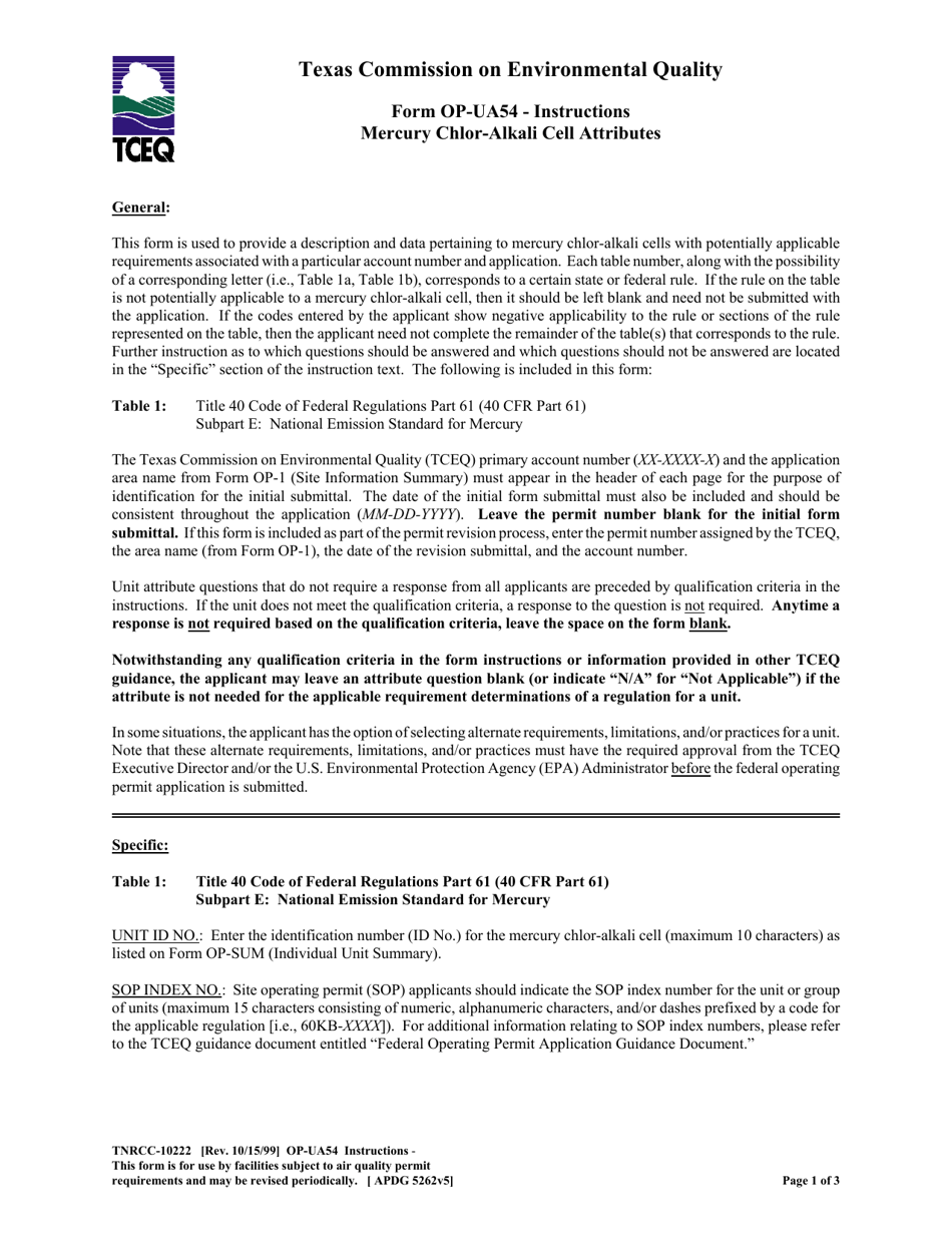 Form TCEQ-10222 (OP-UA54) Mercury Chlor-Alkali Cell Atributes - Texas, Page 1