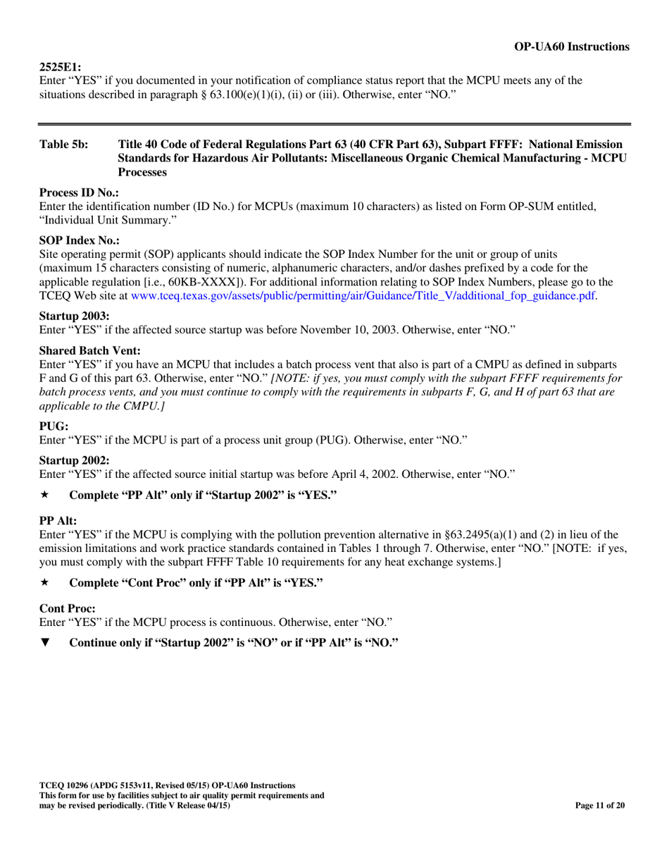 Form TCEQ-10296 (OP-UA60) Chemical Manufacturing Process Unit Attributes - Texas, Page 11