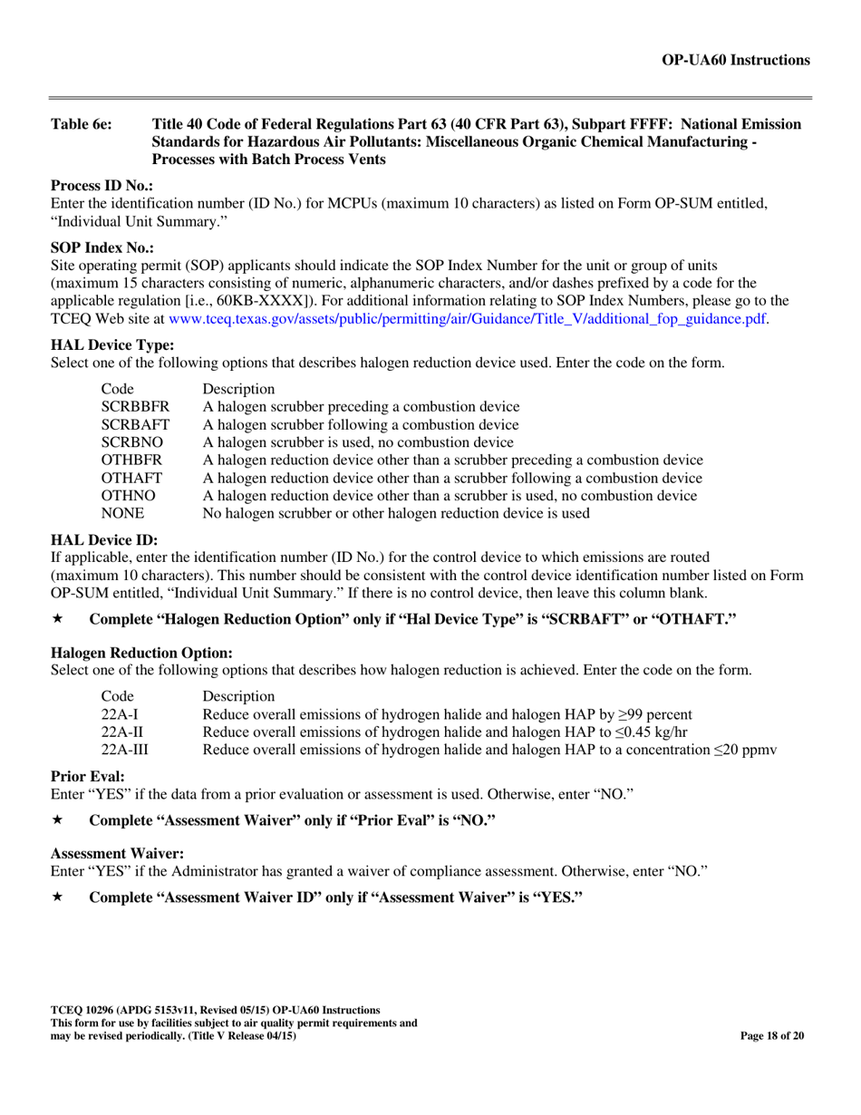 Form TCEQ-10296 (OP-UA60) Chemical Manufacturing Process Unit Attributes - Texas, Page 18