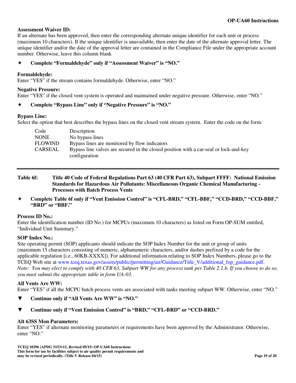 Form TCEQ-10296 (OP-UA60) Chemical Manufacturing Process Unit Attributes - Texas, Page 19