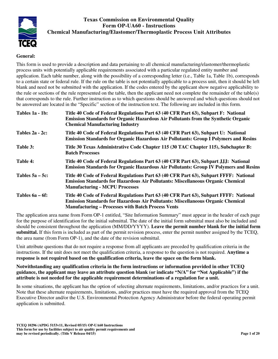 Form TCEQ-10296 (OP-UA60) Chemical Manufacturing Process Unit Attributes - Texas, Page 1
