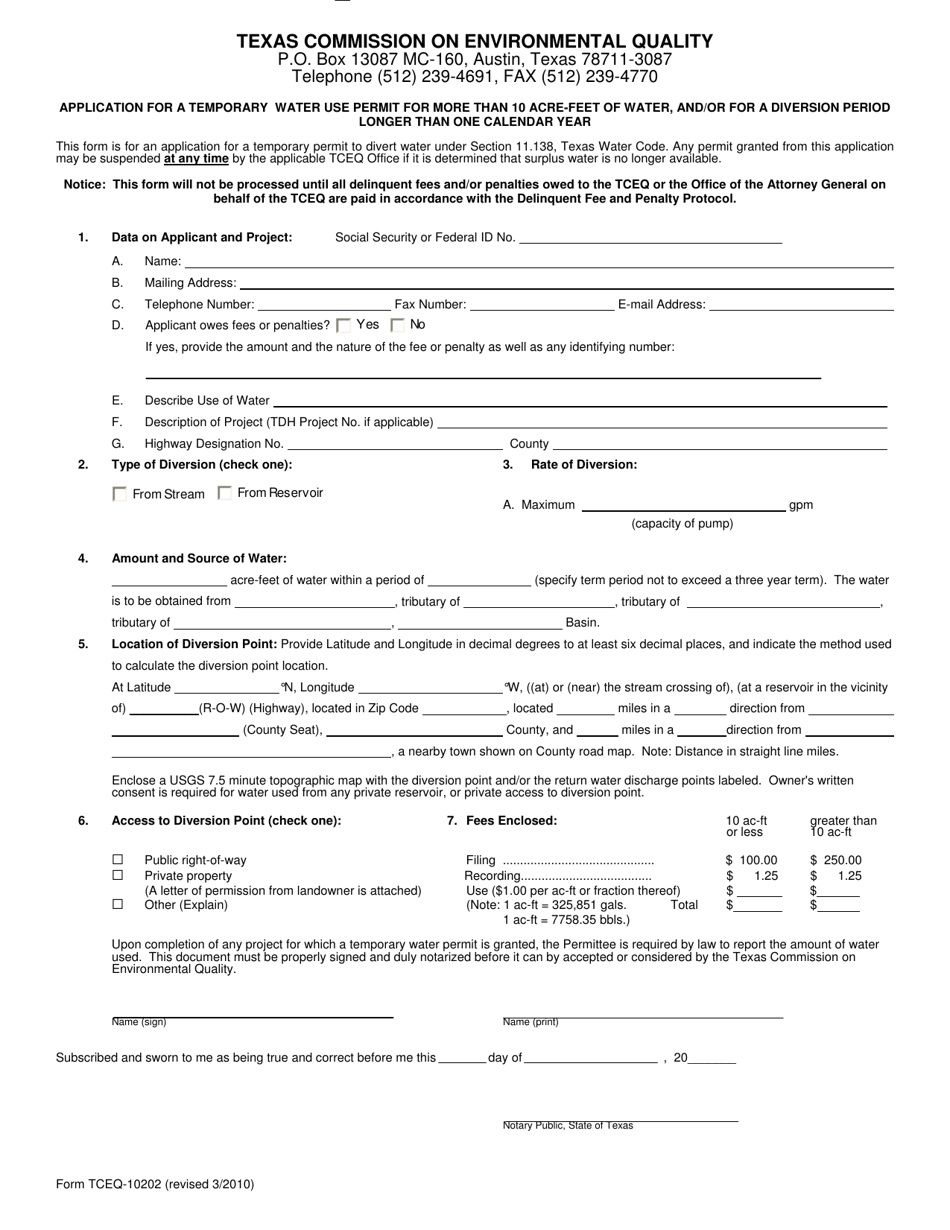 Form TCEQ-10202 Application for a Temporary Water Use Permit for up to 10 Acre-Feet of Water and / or for a Diversion Period Longer Than a Calendar Year - Texas, Page 1
