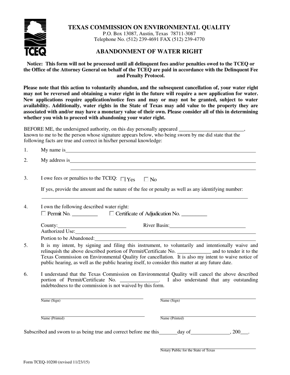 Form TCEQ-10200 Abandonment of Water Right - Texas, Page 1