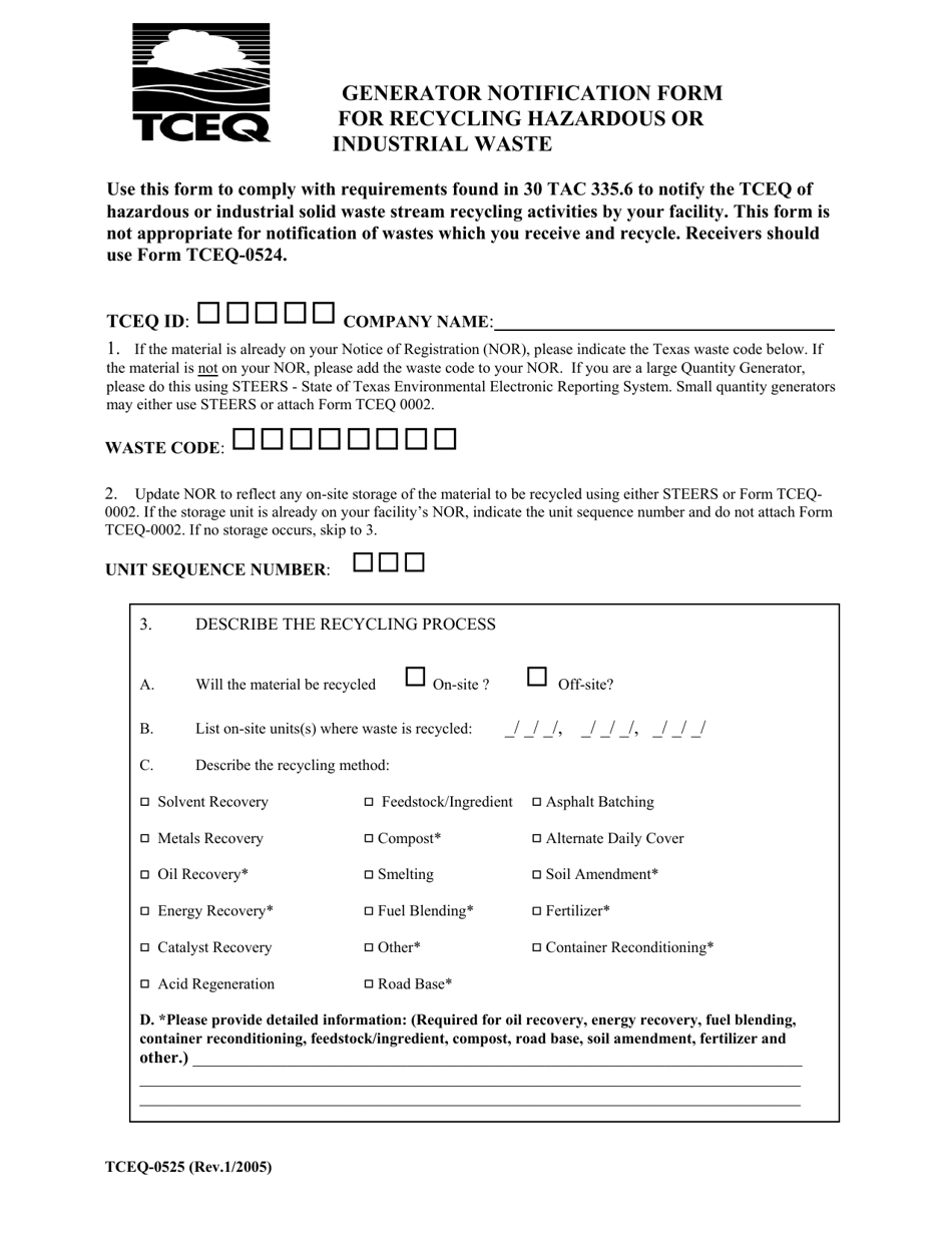 Form TCEQ-0525 Generator Notification Form for Recycling Hazardous or Industrial Waste - Texas, Page 1