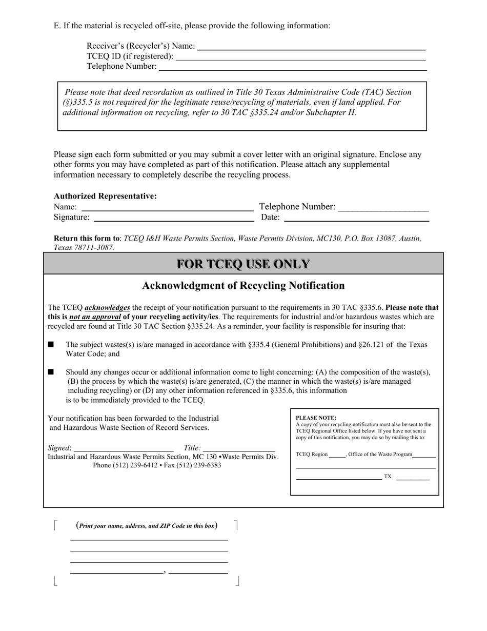 Form TCEQ-0525 Generator Notification Form for Recycling Hazardous or Industrial Waste - Texas, Page 2