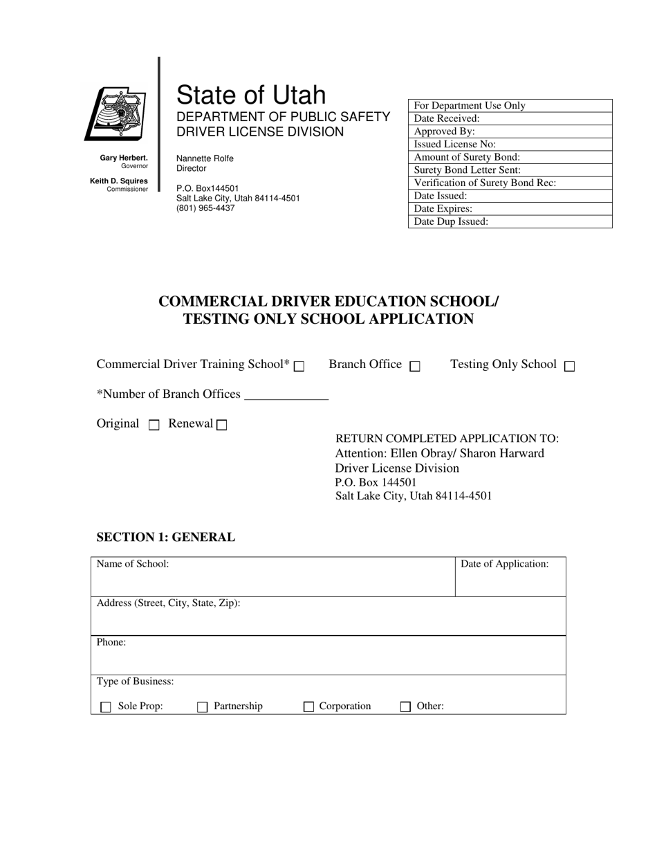 Commercial Driver Education School / Testing Only School Application Form - Utah, Page 1