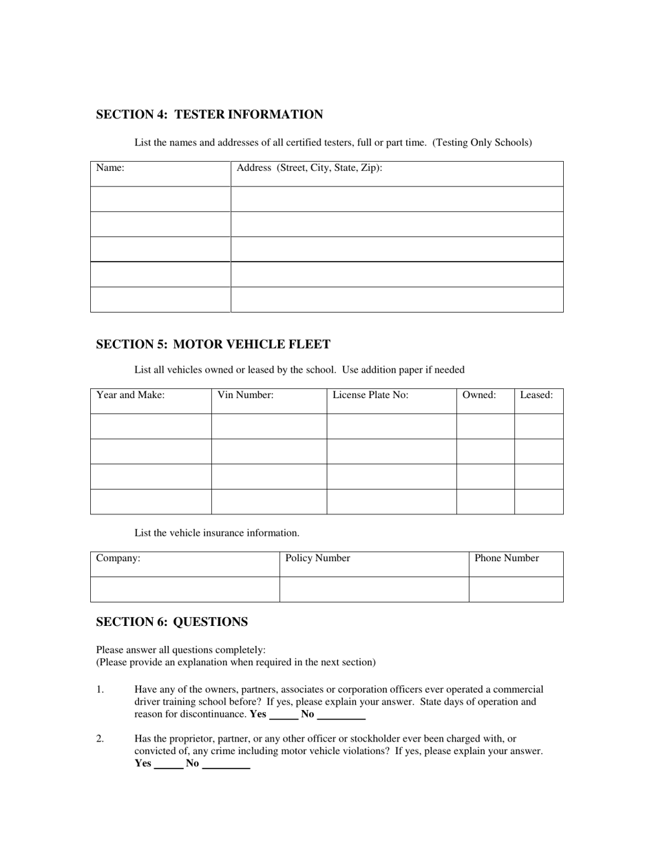 Commercial Driver Education School / Testing Only School Application Form - Utah, Page 3