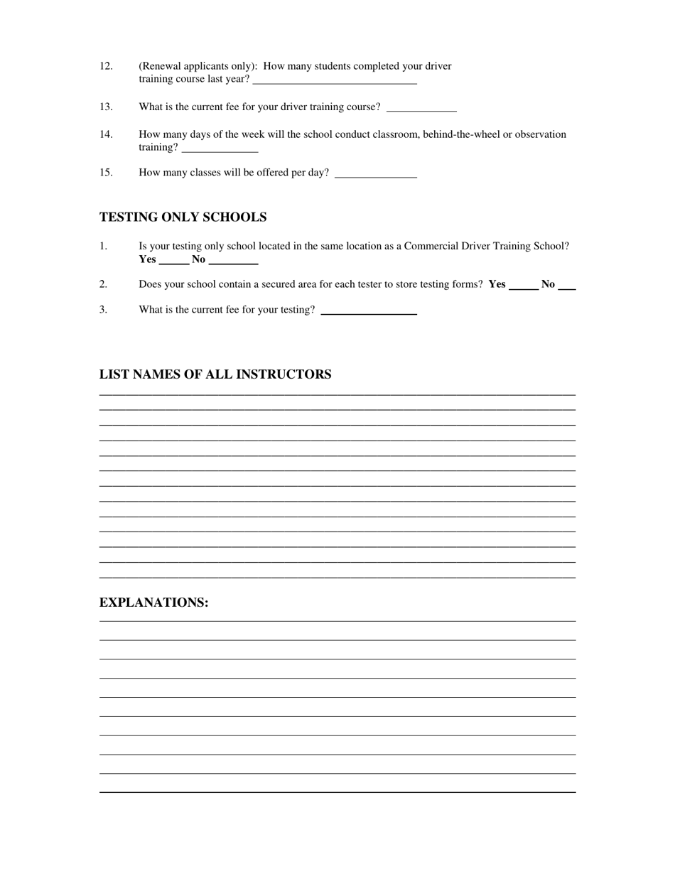 Commercial Driver Education School / Testing Only School Application Form - Utah, Page 5