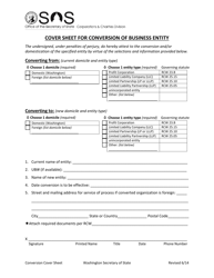 Document preview: Cover Sheet for Conversion of Business Entity - Washington