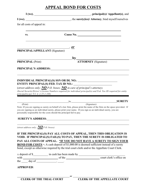 Appeal Bond for Costs - Tennessee Download Pdf