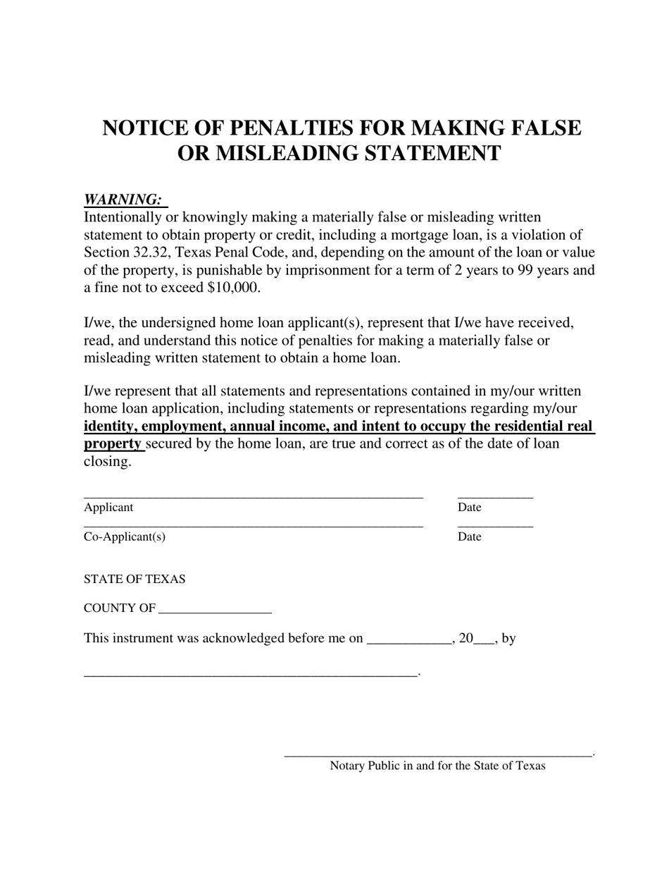 Texas Notice of Penalties for Making False or Misleading Statement