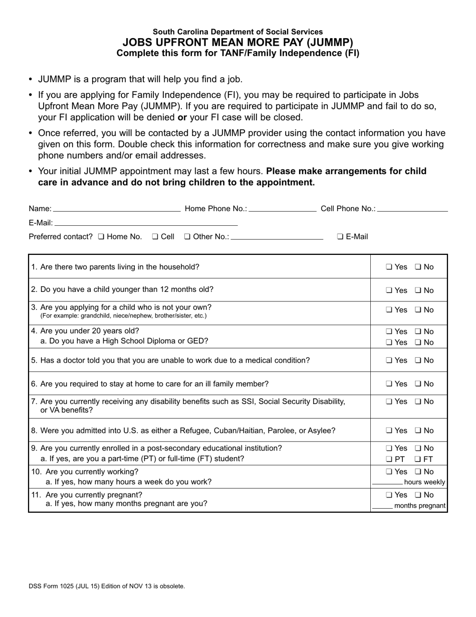 DSS Form 1025 Jobs Upfront Mean More Pay (Jummp) - South Carolina, Page 1