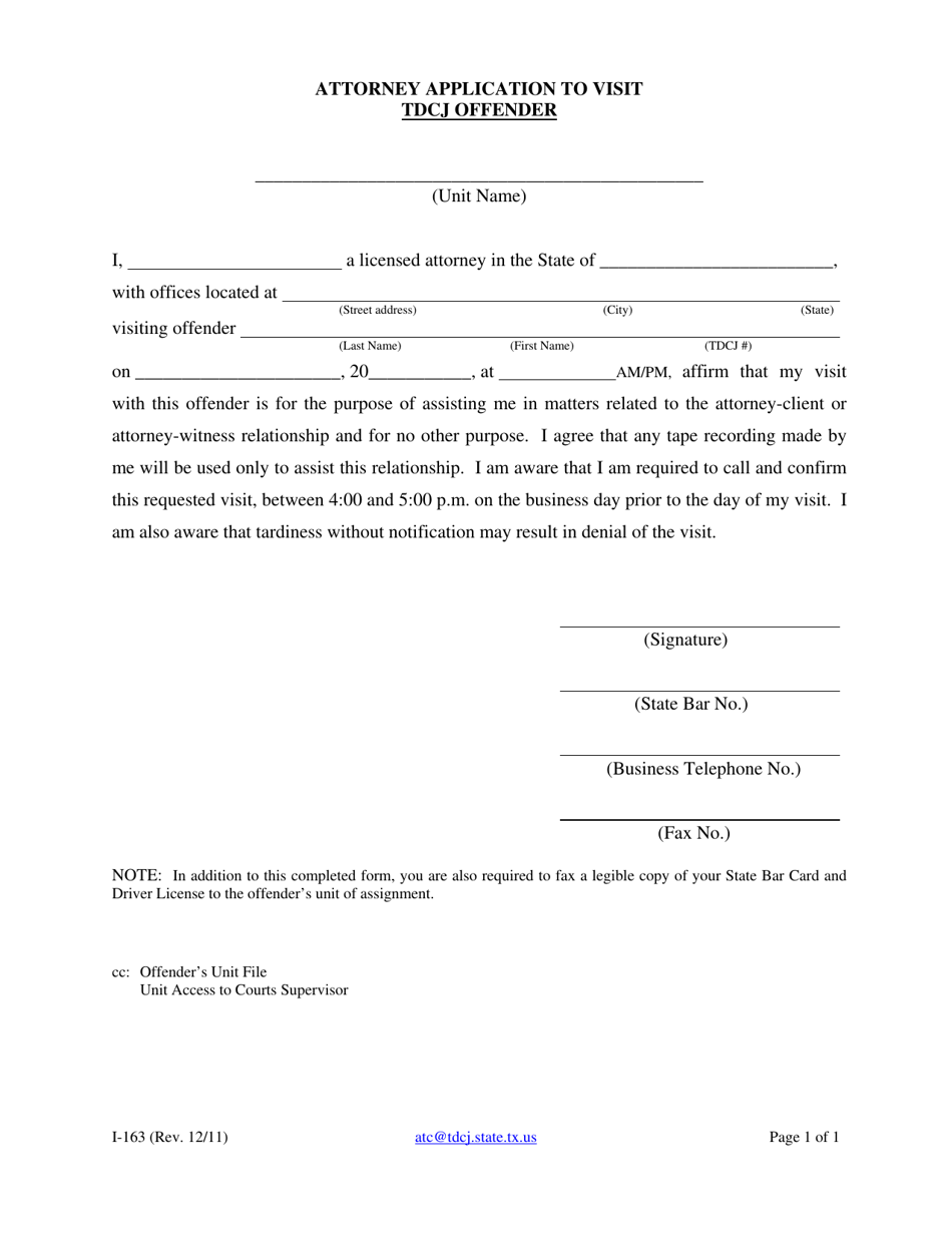 Form I-163 Attorney Application to Visit Tdcj Offender - Texas, Page 1