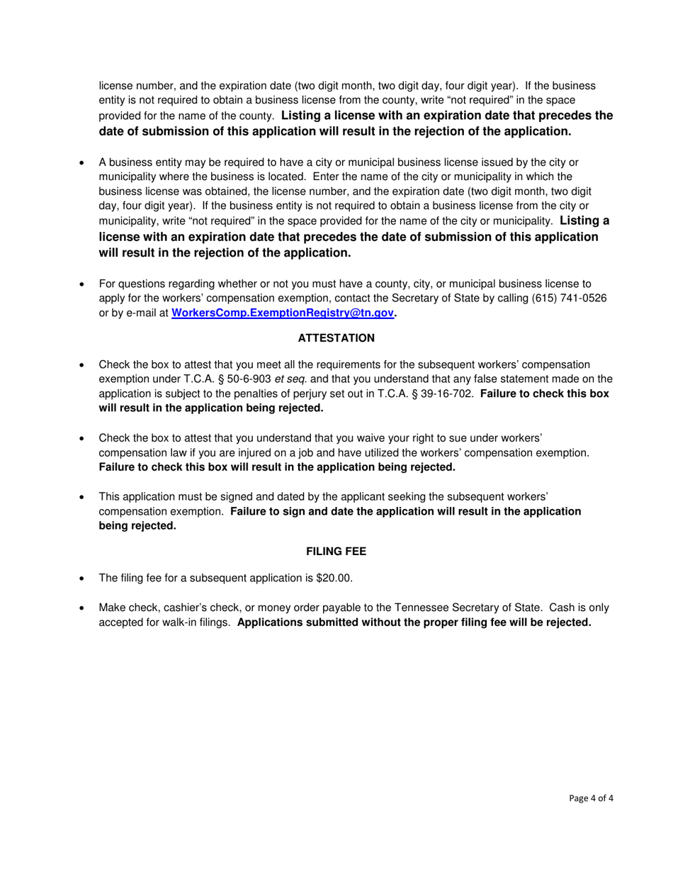Form SS-4530 RCO Subsequent Workers Compensation Exemption Registration Application Form for Religious Conscientious Objection - Tennessee, Page 4