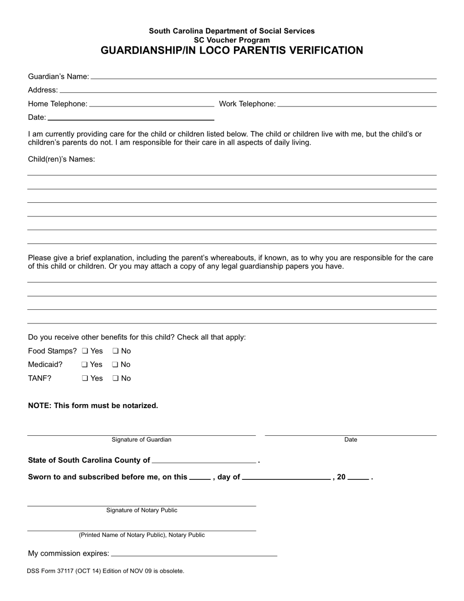 DSS Form 37117 Guardianship / In Loco Parentis Verification - South Carolina, Page 1
