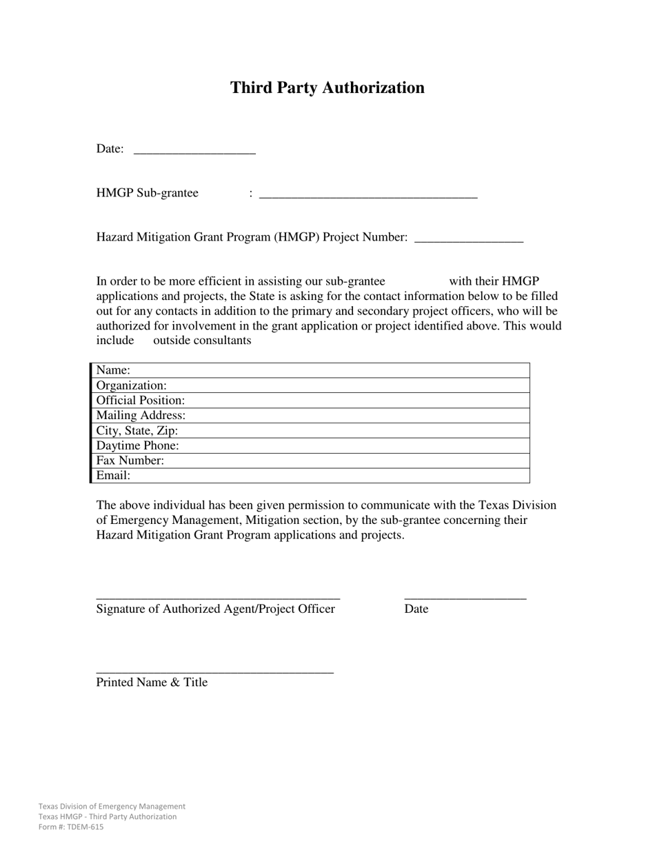 Form TDEM-615 Third Party Authorization - Texas, Page 1