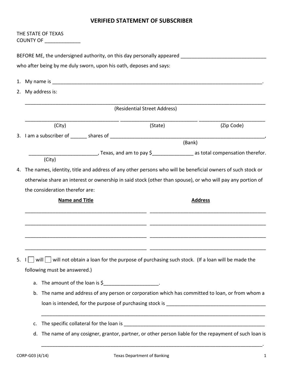 Form CORP-G03 Verified Statement of Subscriber - Texas, Page 1