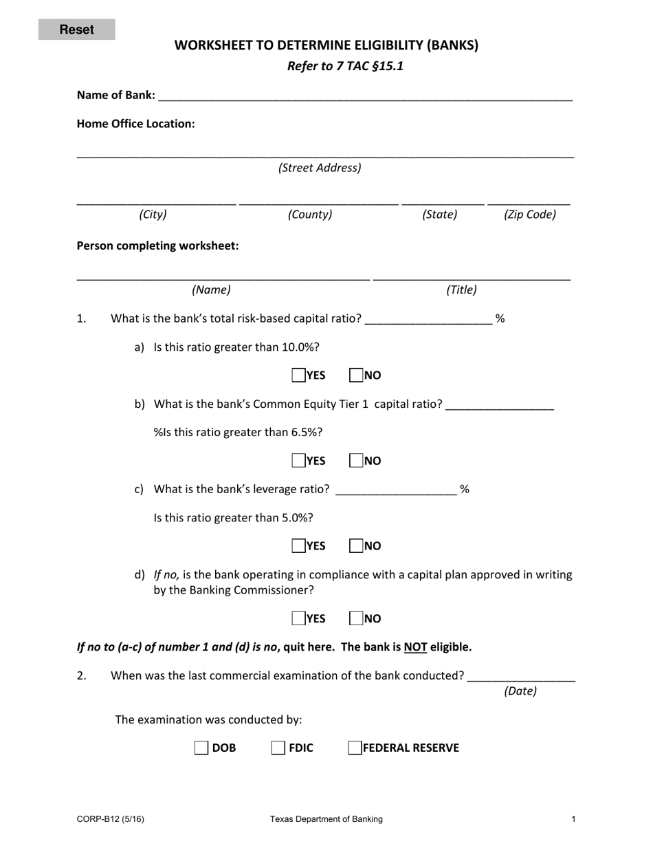Form CORP-B12 Worksheet to Determine Eligibility (Banks) - Texas, Page 1