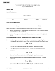 Form CORP-B07 &quot;Worksheet for Expedited Filings (Banks)&quot; - Texas