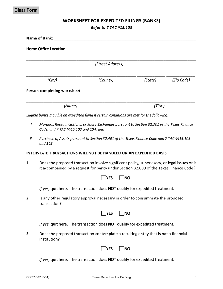 Form CORP-B07 Worksheet for Expedited Filings (Banks) - Texas, Page 1