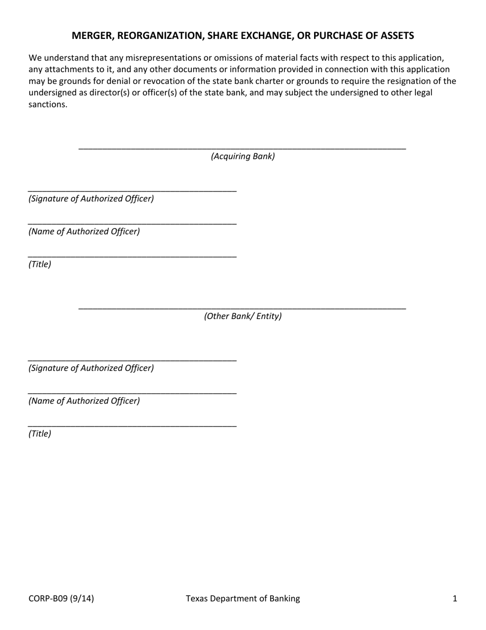 Form CORP-B09 Merger, Reorganization, Share Exchange, or Purchase of Assets - Texas, Page 1