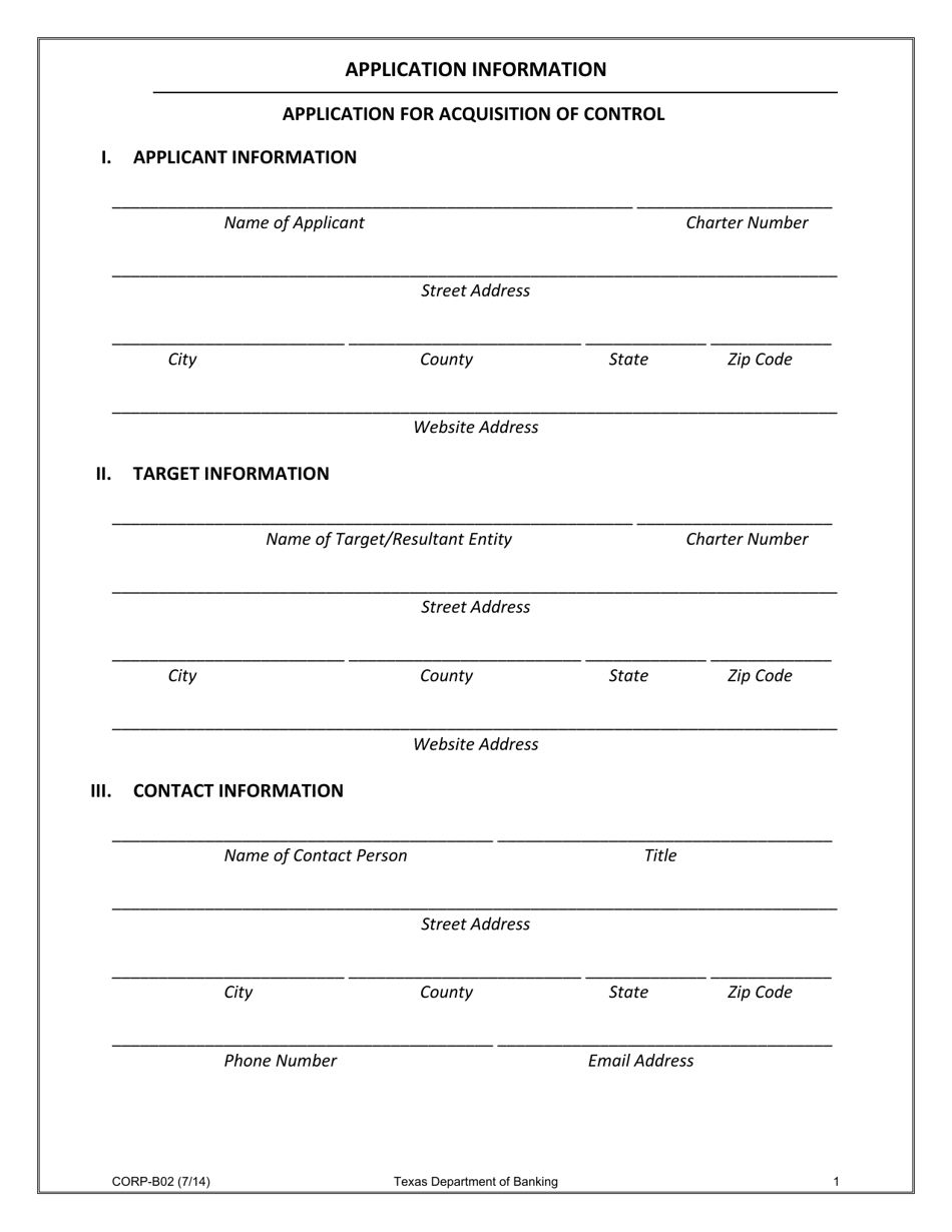 Form CORP-B02 Application for Acquisition of Control - Texas, Page 1