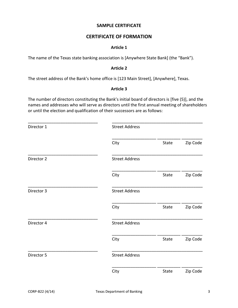 Form CORP-B22 Certificate of Formation - Texas, Page 3