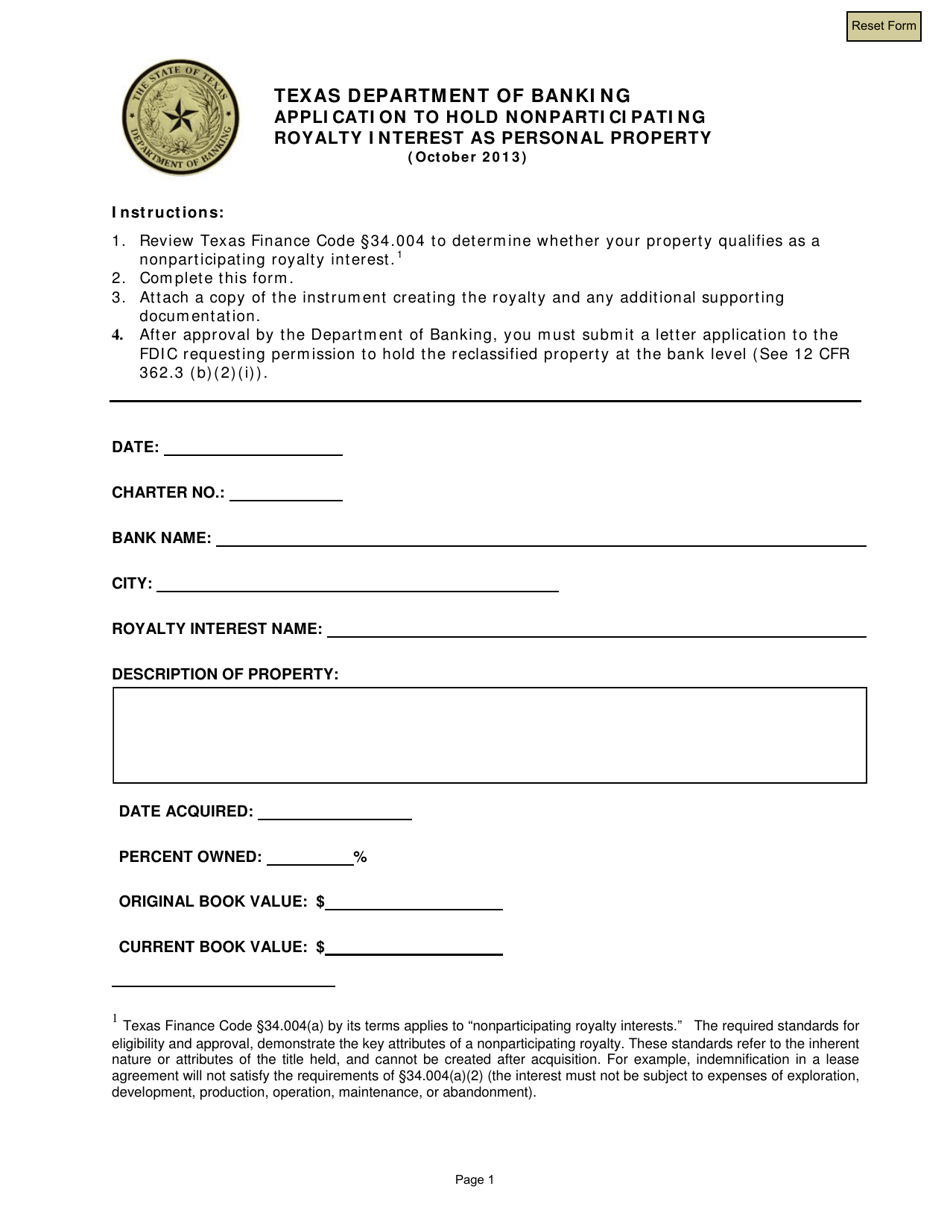 Application to Hold Nonparticipating Royalty Interest as Personal Property - Texas, Page 1