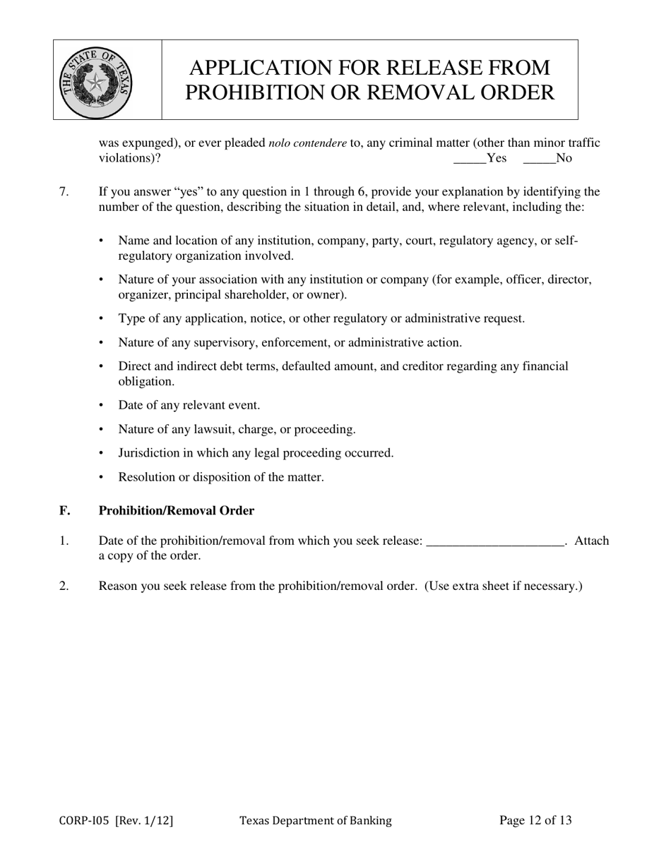 Form CORP-105 Application for Release From Prohibition or Removal Order - Texas, Page 12
