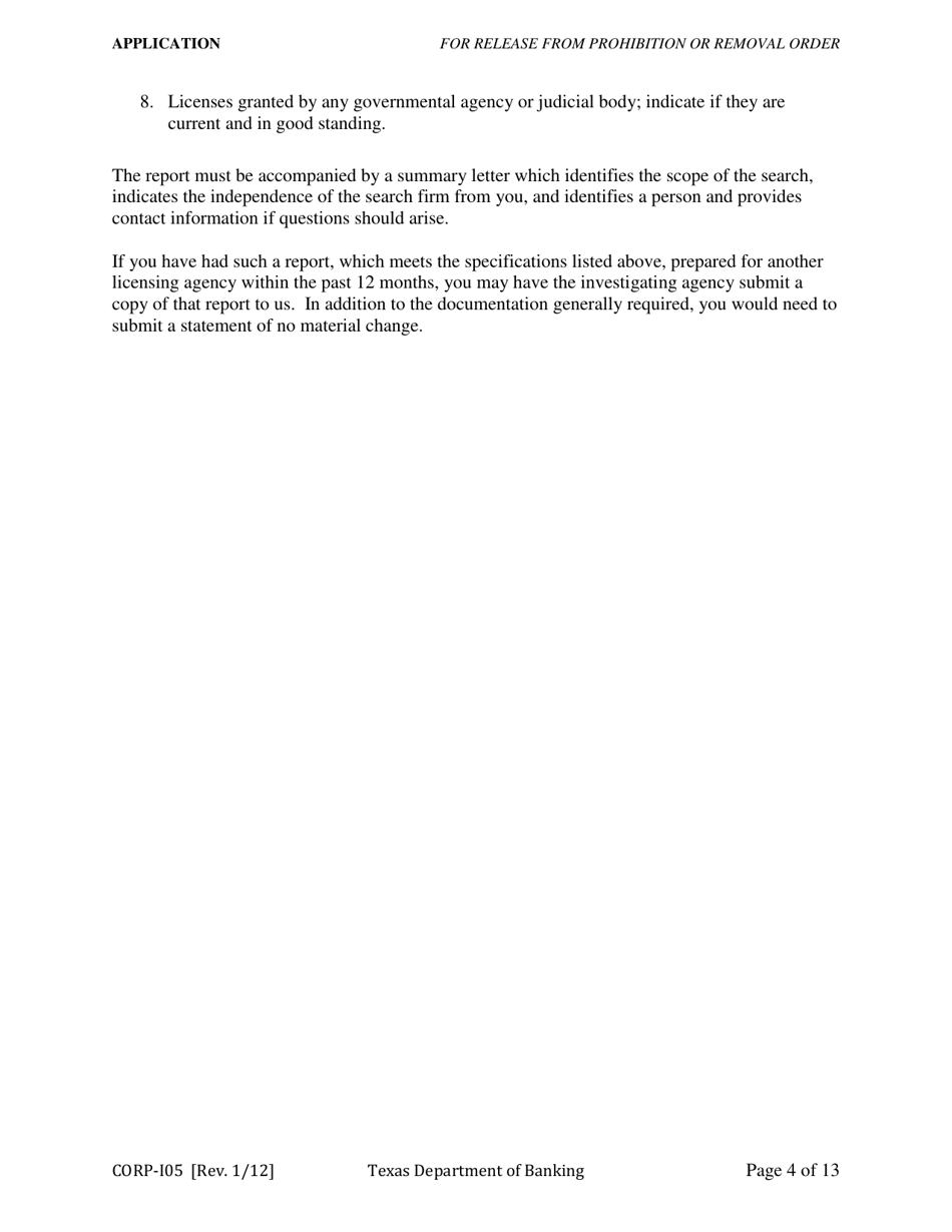Form CORP-105 Application for Release From Prohibition or Removal Order - Texas, Page 4
