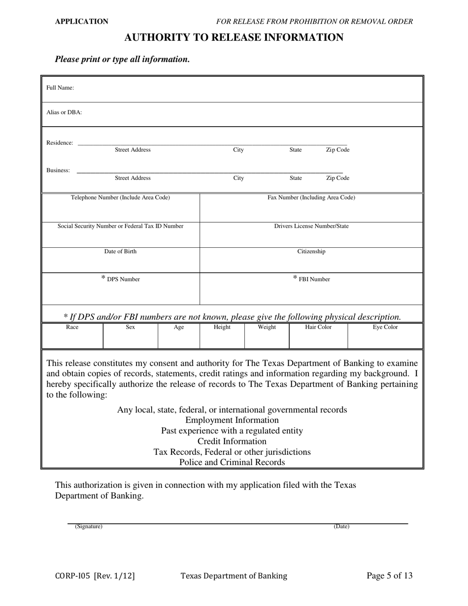 Form CORP-105 Application for Release From Prohibition or Removal Order - Texas, Page 5